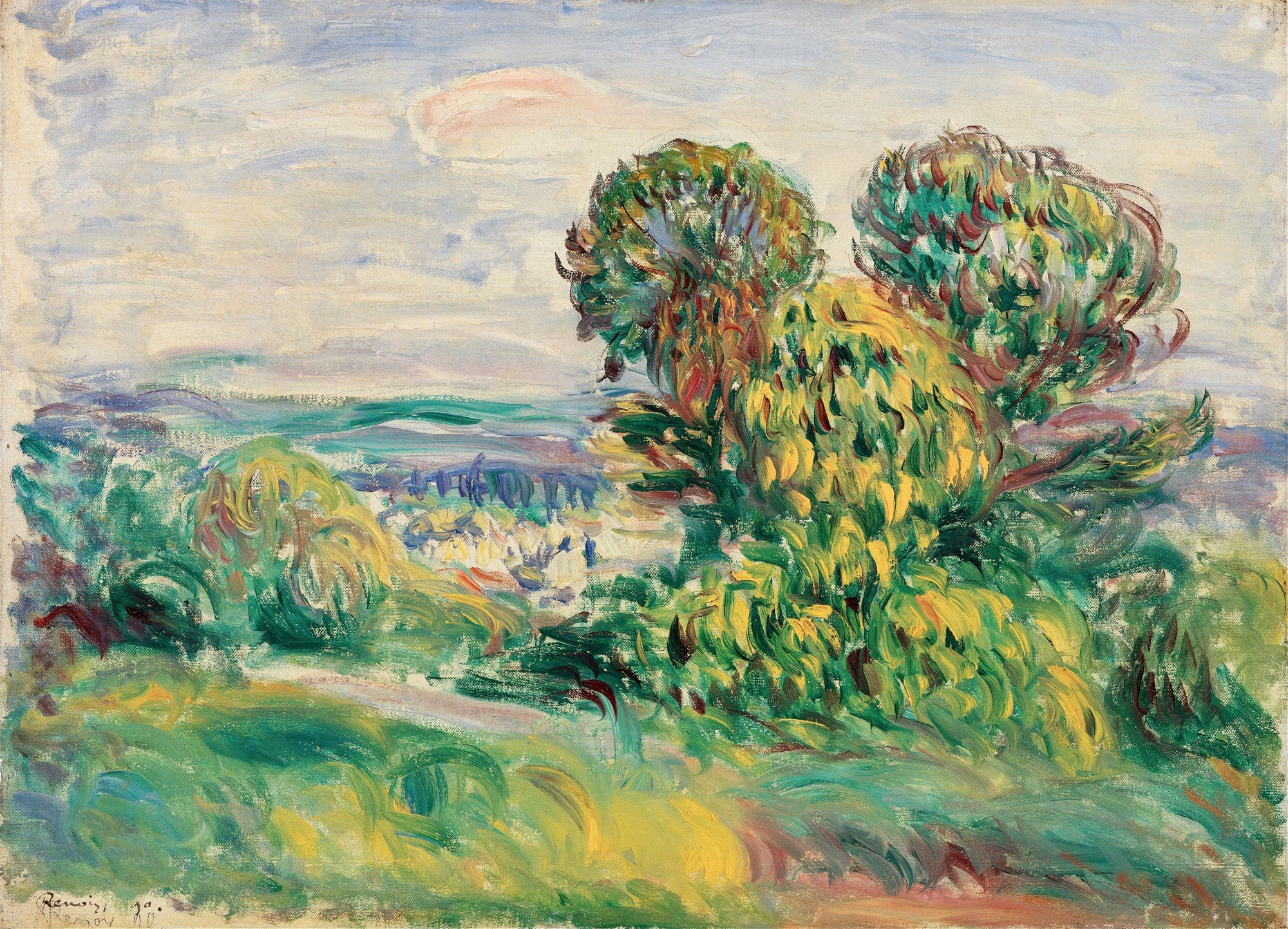 Pintura a óleo de Pierre-Auguste Renoir retratando uma paisagem com árvores frondosas em tons de verde e amarelo, sob um céu azul claro com nuvens brancas e rosadas, com montanhas distantes no horizonte. Pinceladas soltas e vibrantes.