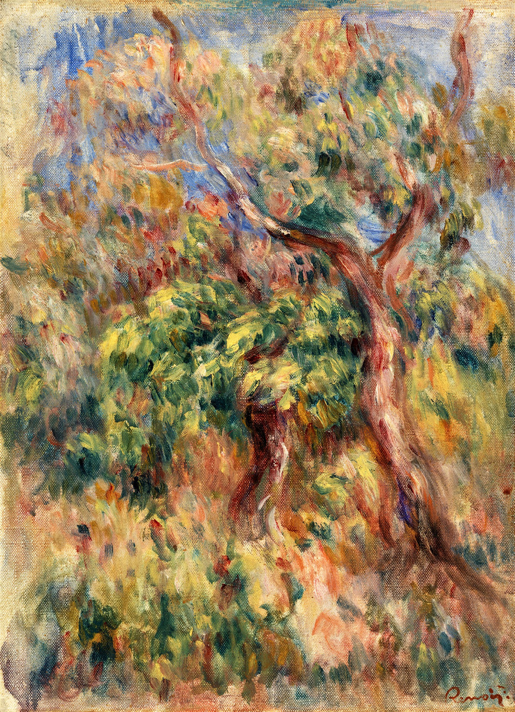 Pintura impressionista de uma árvore com folhagem verde e amarela, troncos em tons de marrom avermelhado, sobre um fundo de céu azul e nuvens, com pinceladas soltas e vibrantes. A luz solar parece incidir sobre a folhagem.