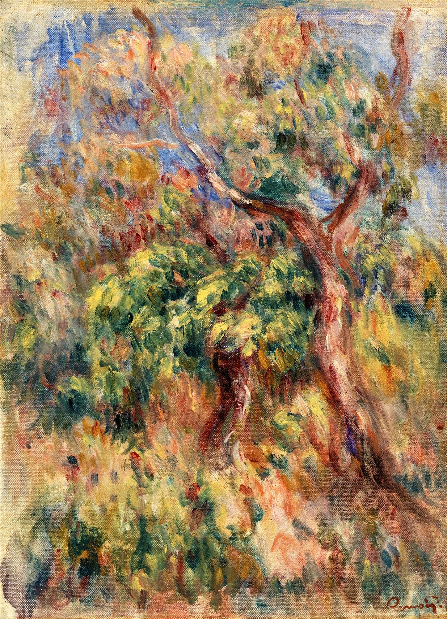 Pintura impressionista de uma árvore com folhagem verde e amarela, troncos em tons de marrom avermelhado, sobre um fundo de céu azul e nuvens, com pinceladas soltas e vibrantes. A luz solar parece incidir sobre a folhagem.