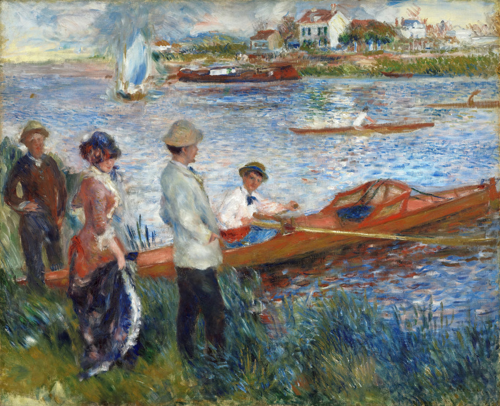 Quadro decorativo com pintura de Pierre-Auguste Renoir, 'Remadores em Chatou', mostrando pessoas à beira de um rio com barcos e casas ao fundo, em estilo impressionista com cores vivas e luz vibrante.