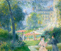 Quadro decorativo mostrando uma cena de jardim impressionista com pessoas em um dia ensolarado. A luz passa por entre as árvores, iluminando um gramado verde com flores rosadas e vermelhas. Ao fundo, um edifício em tons claros com telhados avermelhados. Pessoas vestidas com roupas de época estão caminhando e interagindo no jardim. As pinceladas são soltas e vibrantes, características do estilo de Pierre-Auguste Renoir.