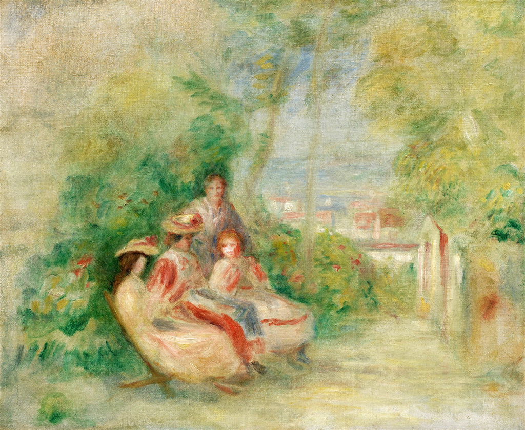 Quadro decorativo com pintura impressionista de Pierre Auguste Renoir, retratando uma família sentada em um jardim, com folhagens verdes e casas ao fundo.