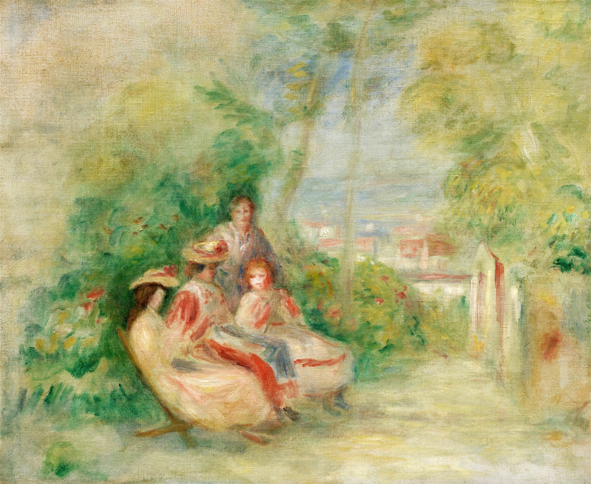 Quadro decorativo com pintura impressionista de Pierre Auguste Renoir, retratando uma família sentada em um jardim, com folhagens verdes e casas ao fundo.