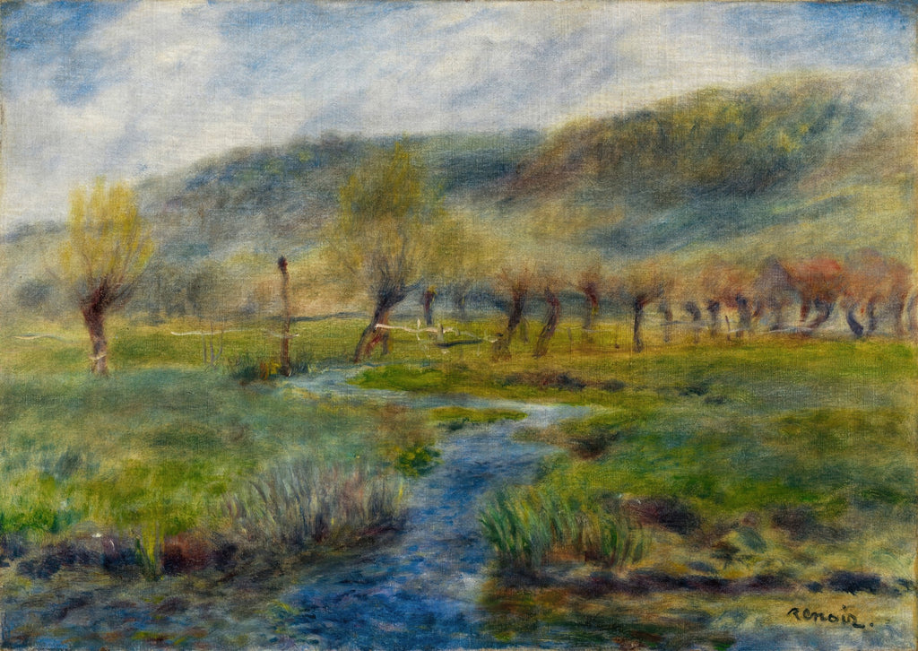 Quadro decorativo com paisagem impressionista de Renoir, apresentando um riacho sinuoso em um campo verde com árvores esguias e céu claro.