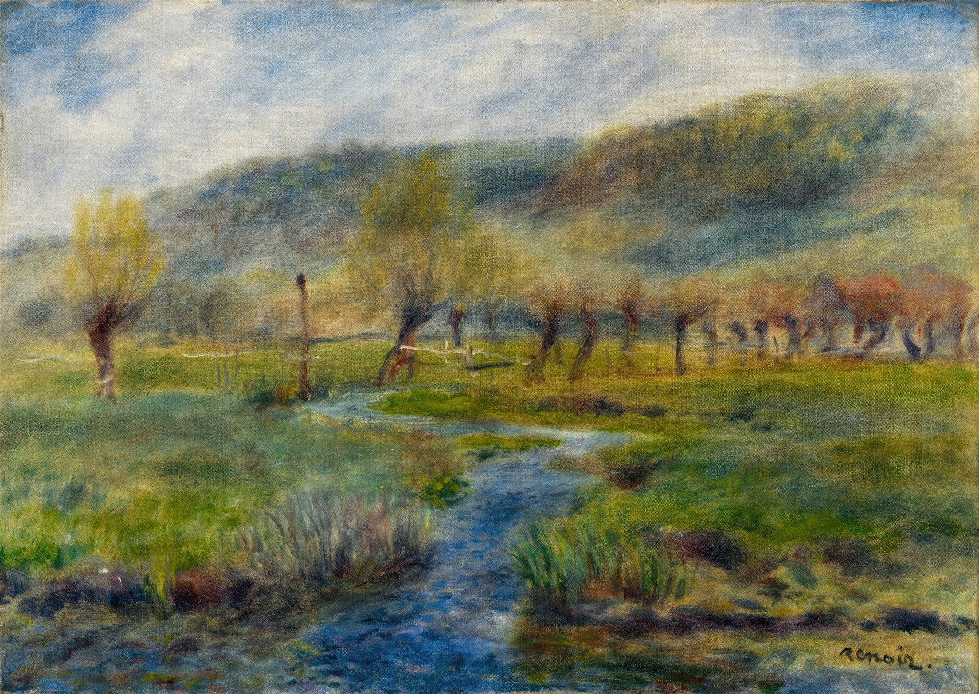 Quadro decorativo com paisagem impressionista de Renoir, apresentando um riacho sinuoso em um campo verde com árvores esguias e céu claro.