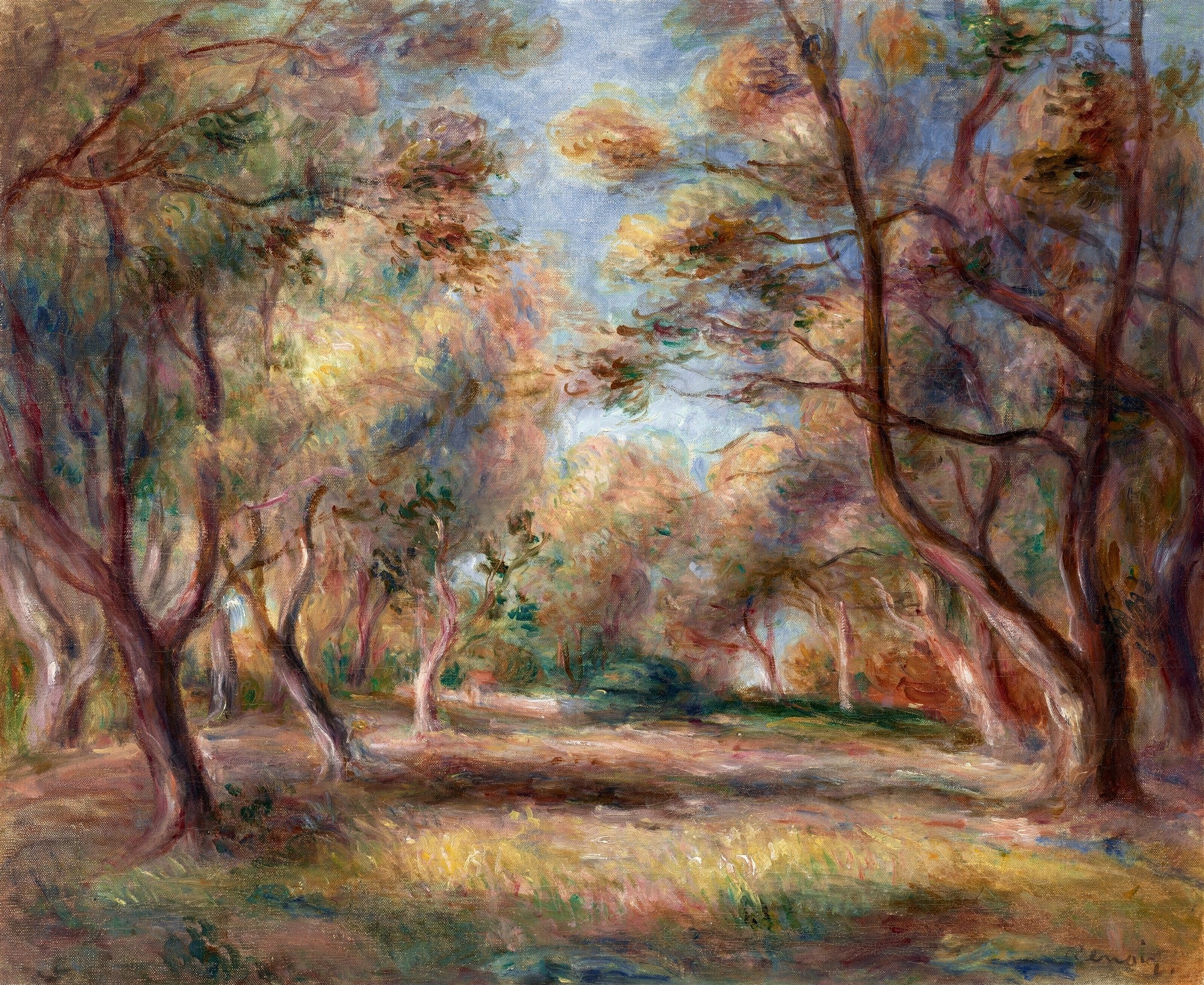 Pintura a óleo de uma floresta com árvores de troncos finos e folhagem densa em tons de verde, amarelo e marrom, banhada por uma luz solar filtrada. O estilo é impressionista, com pinceladas soltas e vibrantes. Atribuído a Pierre-Auguste Renoir.