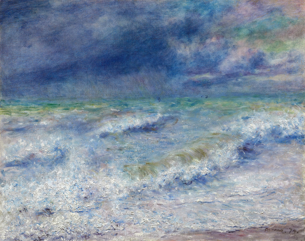 Pintura a óleo de Pierre-Auguste Renoir retratando um mar revolto com ondas espumantes e um céu tempestuoso em tons de azul e cinza.