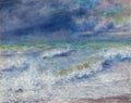 Pintura a óleo de Pierre-Auguste Renoir retratando um mar revolto com ondas espumantes e um céu tempestuoso em tons de azul e cinza.