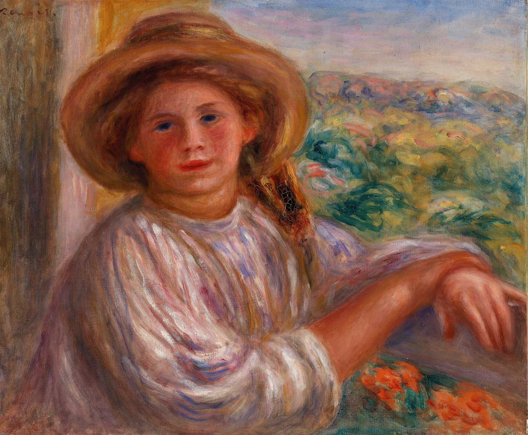 Retrato de uma jovem mulher com chapéu de palha, vestindo blusa branca, olhando diretamente para frente, com um fundo de paisagem borrada em tons de verde e laranja. Obra de Pierre-Auguste Renoir.