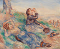 Quadro decorativo com pintura de Pierre-Auguste Renoir, mostrando duas meninas em um campo verde, uma deitada e a outra sentada bebendo água. Cores pastel e pinceladas soltas.
