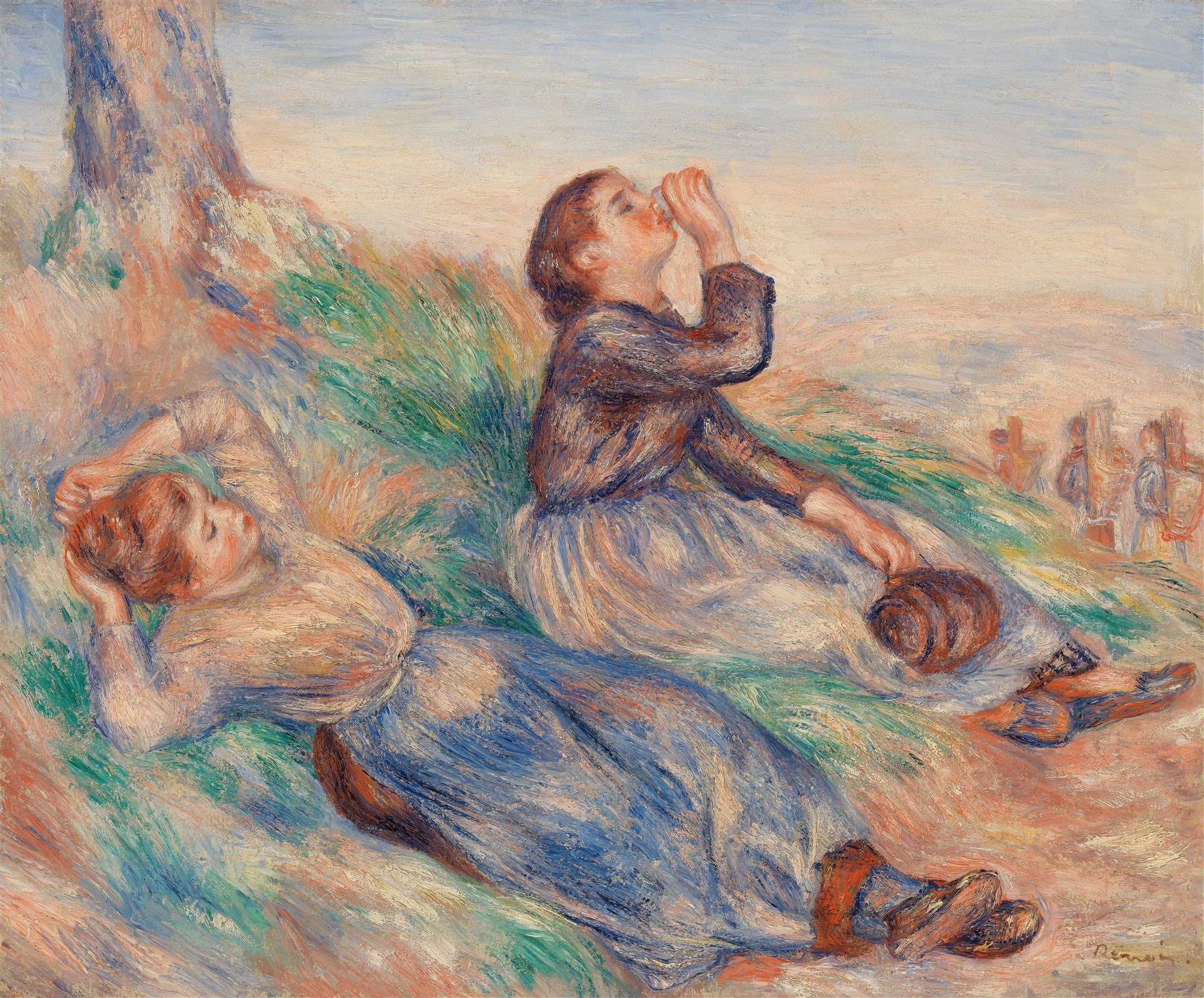 Quadro decorativo com pintura de Pierre-Auguste Renoir, mostrando duas meninas em um campo verde, uma deitada e a outra sentada bebendo água. Cores pastel e pinceladas soltas.