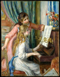 Quadro decorativo 'Duas Meninas ao Piano' de Pierre-Auguste Renoir, retratando duas jovens, uma tocando piano e outra observando, em tons pastel suaves.