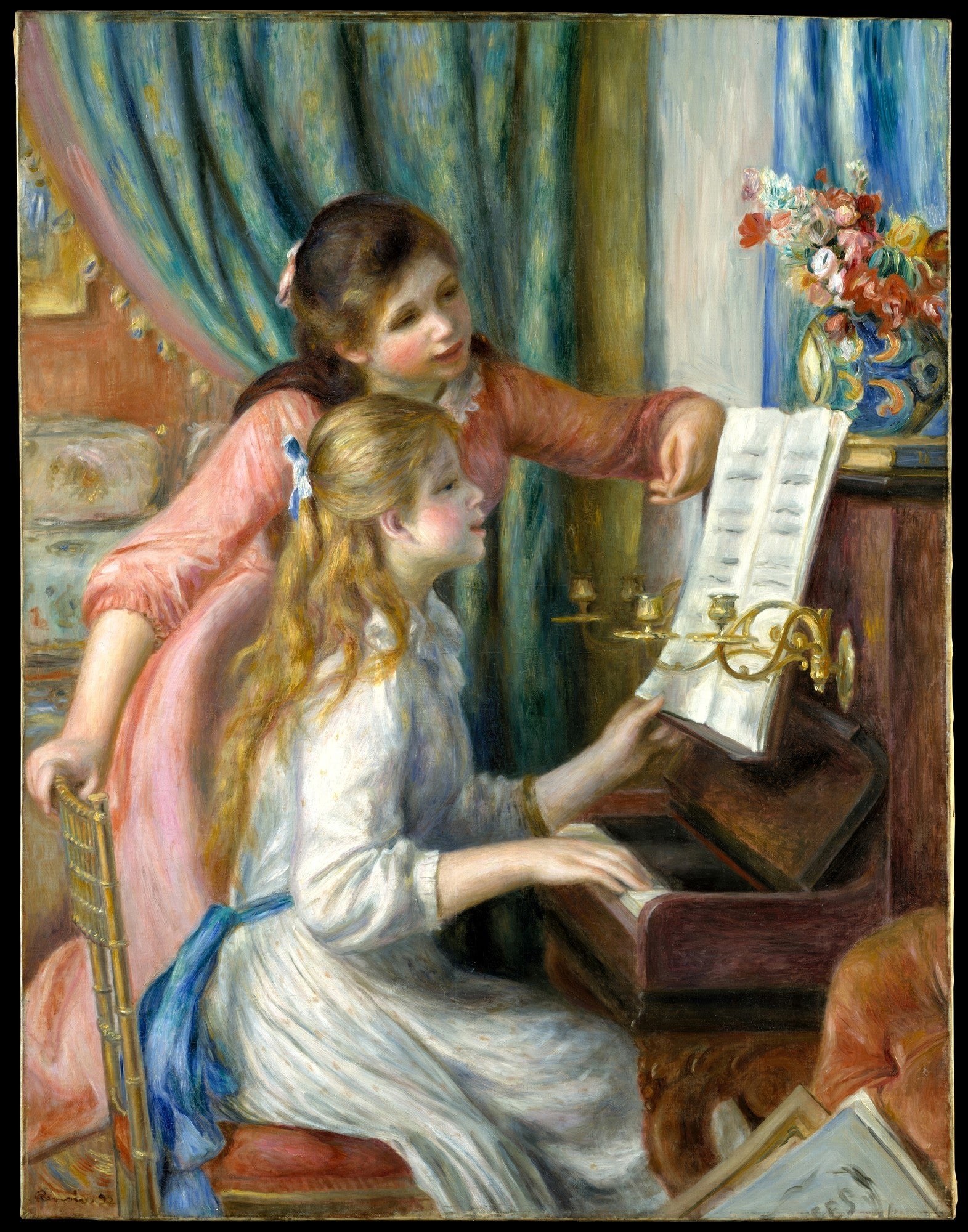 Quadro decorativo 'Duas Meninas ao Piano' de Pierre-Auguste Renoir, retratando duas jovens, uma tocando piano e outra observando, em tons pastel suaves.