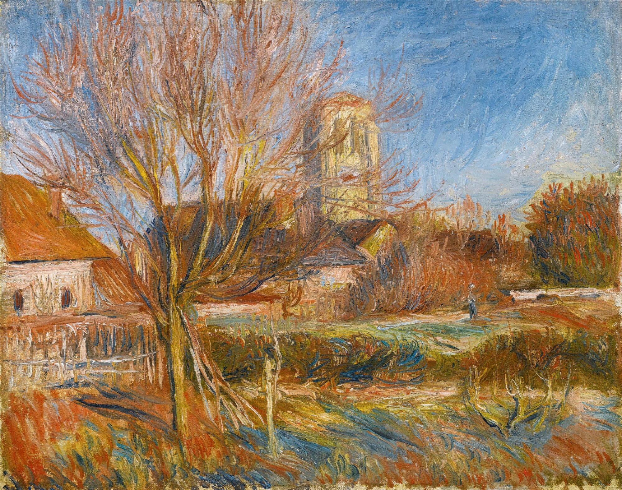Quadro decorativo de Pierre-Auguste Renoir, paisagem campestre com uma igreja ao fundo, árvores sem folhas em primeiro plano e casas com telhados laranjas. A pincelada é densa e as cores são quentes, com tons de laranja, amarelo e azul no céu.