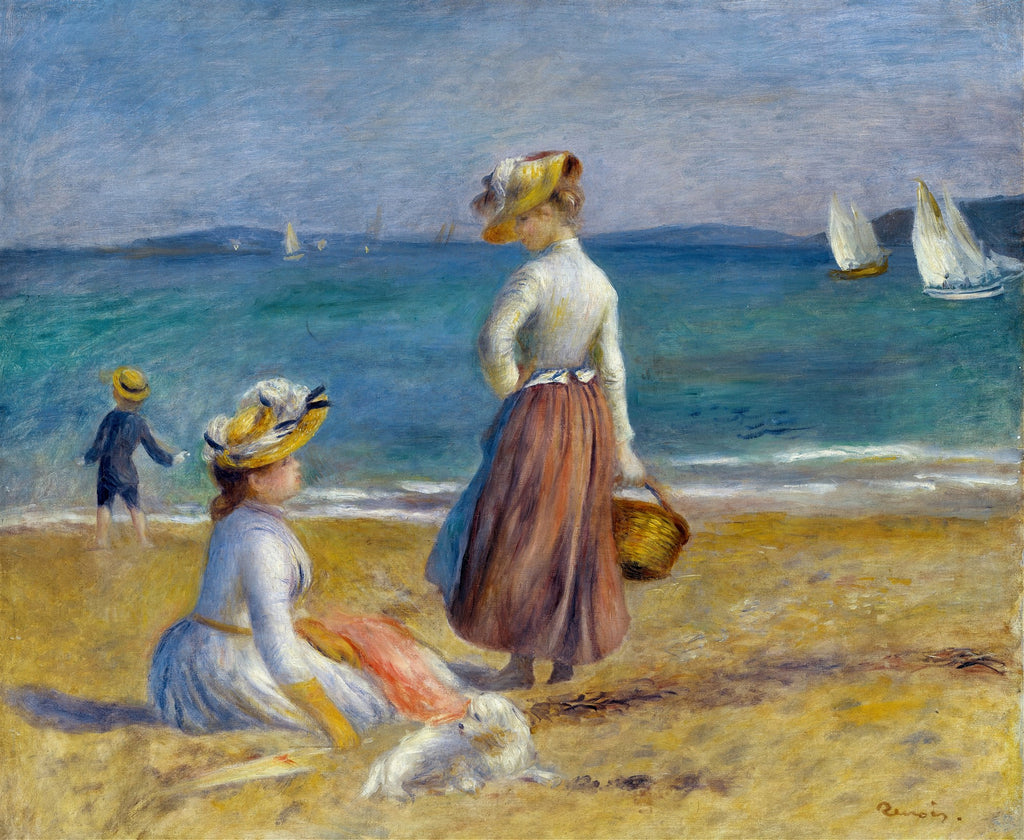 Pintura de Pierre-Auguste Renoir mostrando duas mulheres e uma criança na praia, com barcos a vela no mar azul e céu claro. A mulher sentada tem um vestido branco e chapéu de palha, a de pé tem uma saia marrom e blusa clara. A criança está à beira da água. Um cachorro branco está perto da mulher sentada.