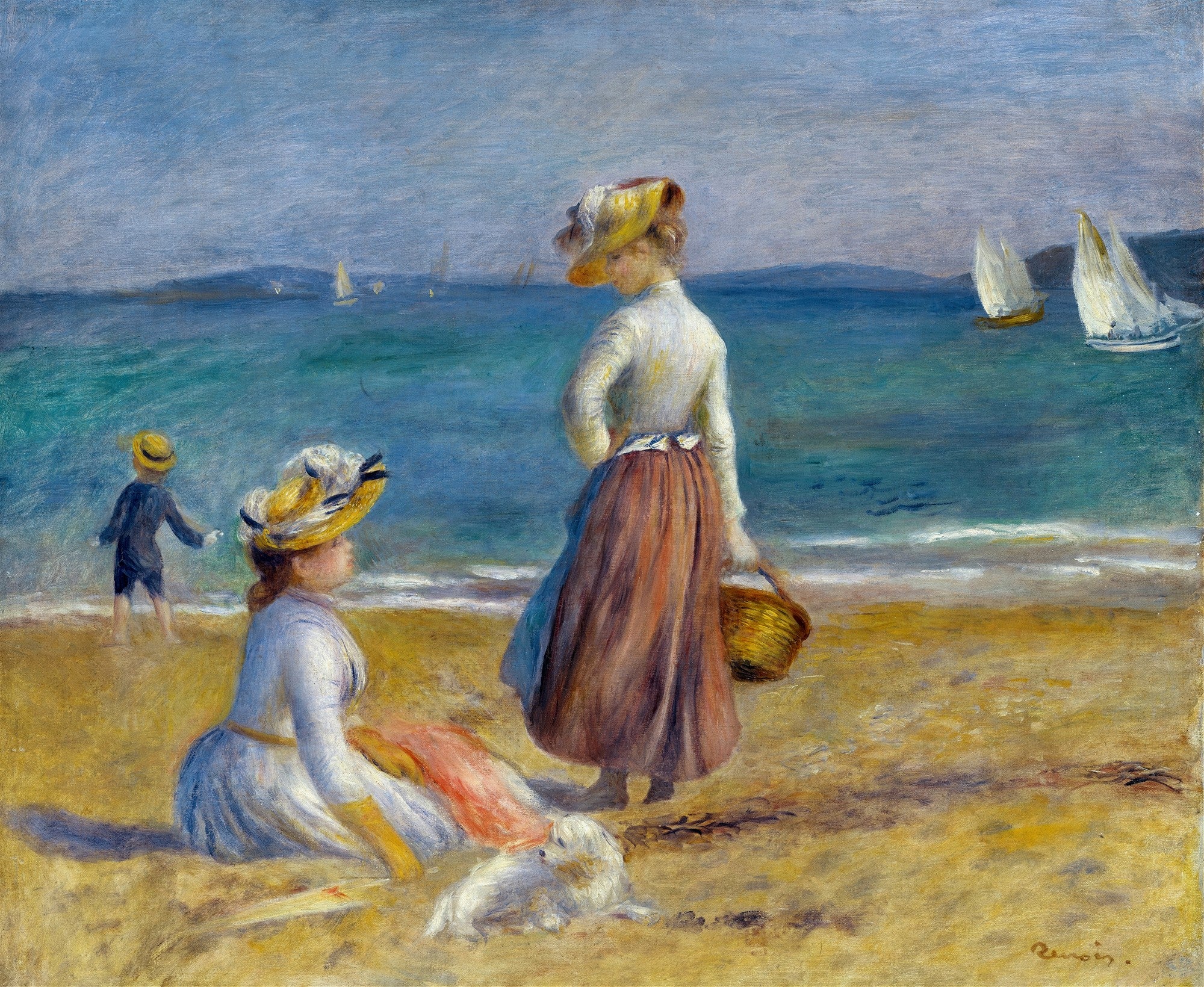 Pintura de Pierre-Auguste Renoir mostrando duas mulheres e uma criança na praia, com barcos a vela no mar azul e céu claro. A mulher sentada tem um vestido branco e chapéu de palha, a de pé tem uma saia marrom e blusa clara. A criança está à beira da água. Um cachorro branco está perto da mulher sentada.