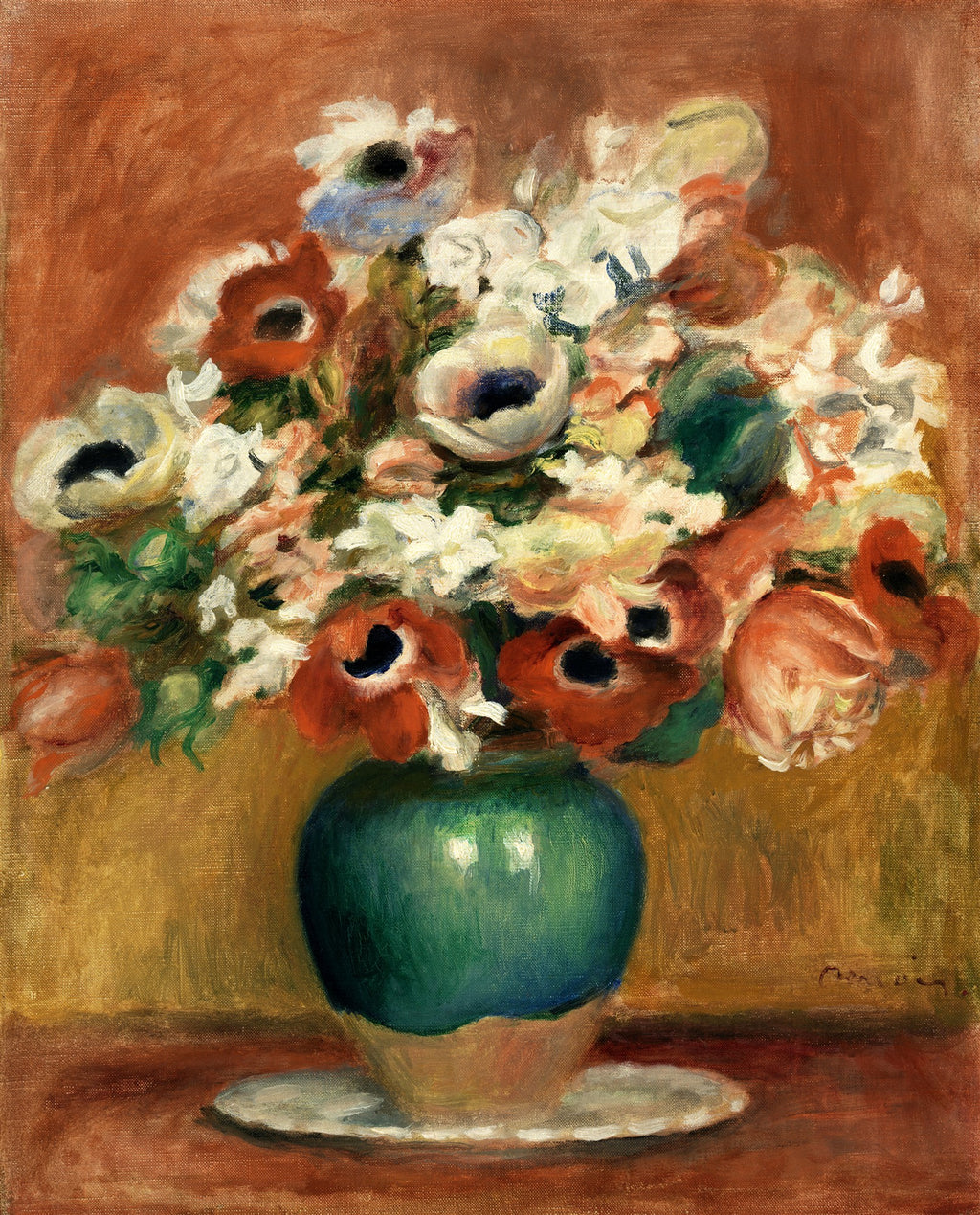 Quadro decorativo com um vaso verde escuro contendo um grande buquê de anêmonas em tons de branco, vermelho, rosa e azul sobre um fundo marrom-dourado. A obra é atribuída a Pierre-Auguste Renoir.