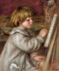 Quadro decorativo de Pierre-Auguste Renoir retratando uma criança de cabelos claros, vestindo um casaco branco, concentrada pintando em uma tela. A criança está de perfil, com uma expressão séria e dedicada. O fundo apresenta tons quentes e pinceladas suaves, com um vaso de flores ao fundo à direita.
