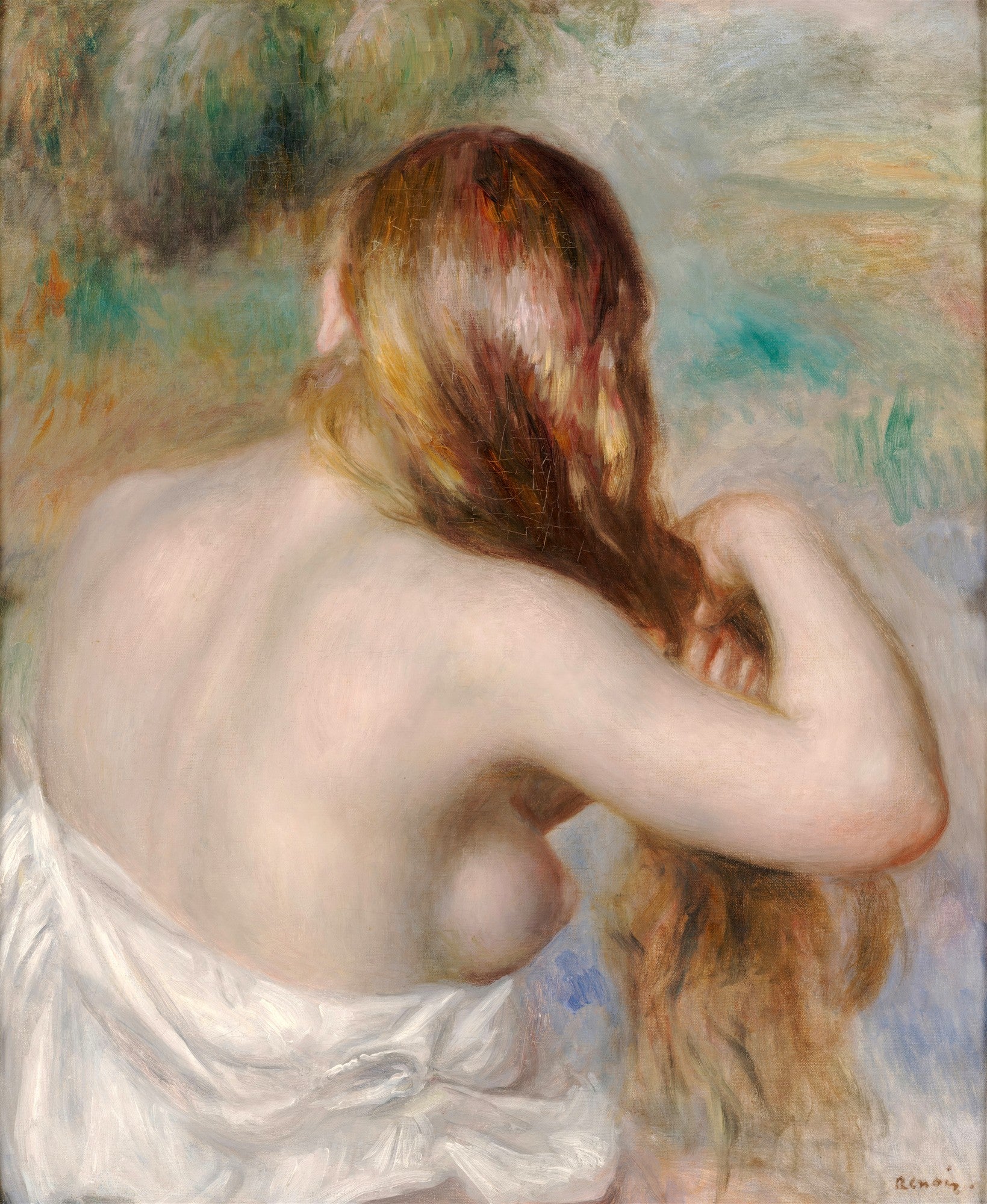 Quadro decorativo com pintura de uma mulher de costas, com os cabelos ruivos longos e soltos, em um momento íntimo, atribuída a Renoir.