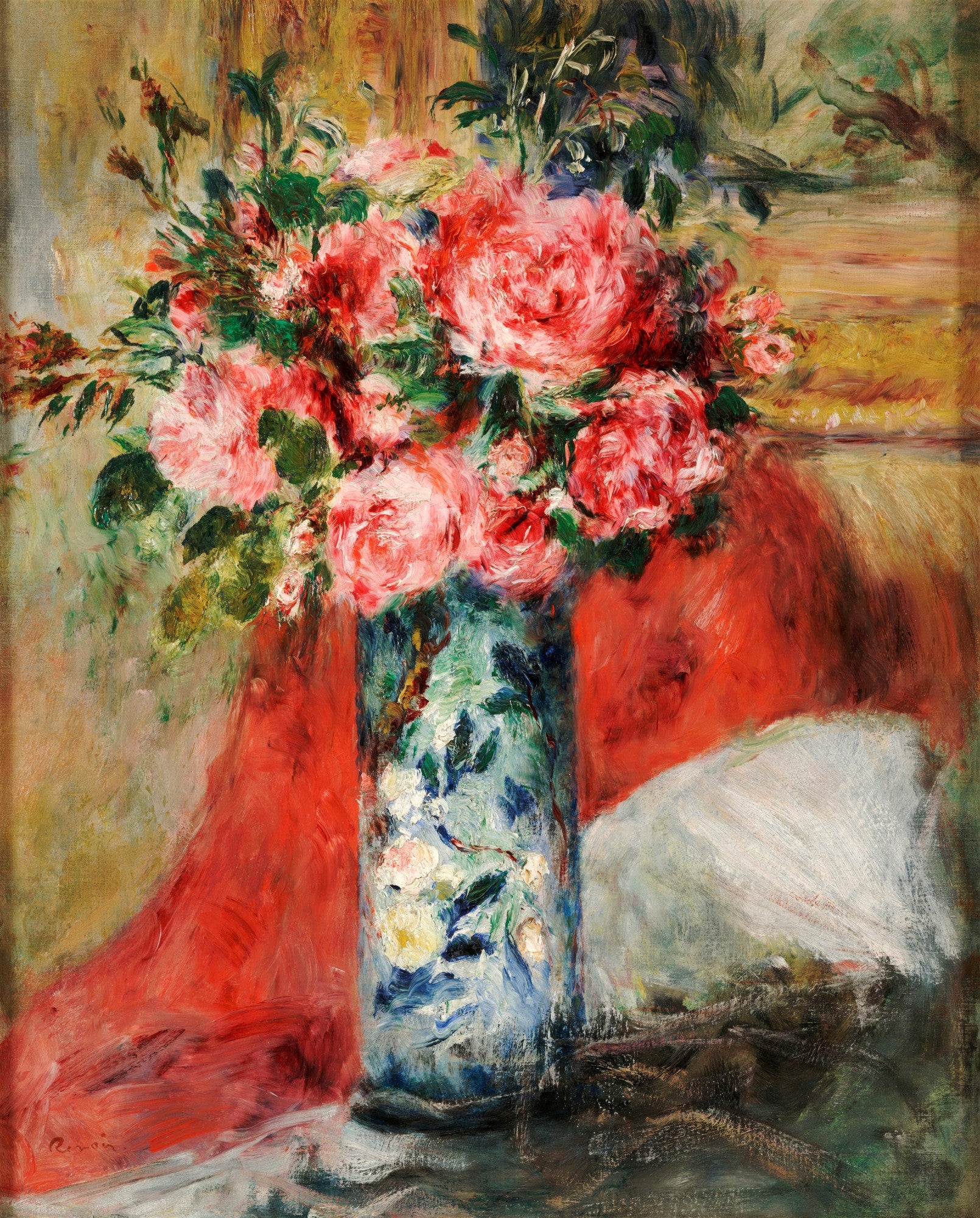 Quadro decorativo com imagem de um vaso de flores. O vaso é azul com detalhes em branco e verde, contendo um buquê exuberante de rosas cor-de-rosa e vermelhas, com folhagens verdes. O fundo é predominantemente vermelho e tons de ocre, com pinceladas soltas características do Impressionismo.