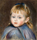 Retrato a óleo de uma menina com cabelos loiros e olhos azuis, vestindo um manto azul, atribuído a Pierre-Auguste Renoir. O fundo é escuro e neutro.