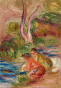 Quadro decorativo com pintura impressionista de Pierre-Auguste Renoir, mostrando duas mulheres à beira de um rio com pinceladas soltas e cores vibrantes, com fundo de árvores e folhagens