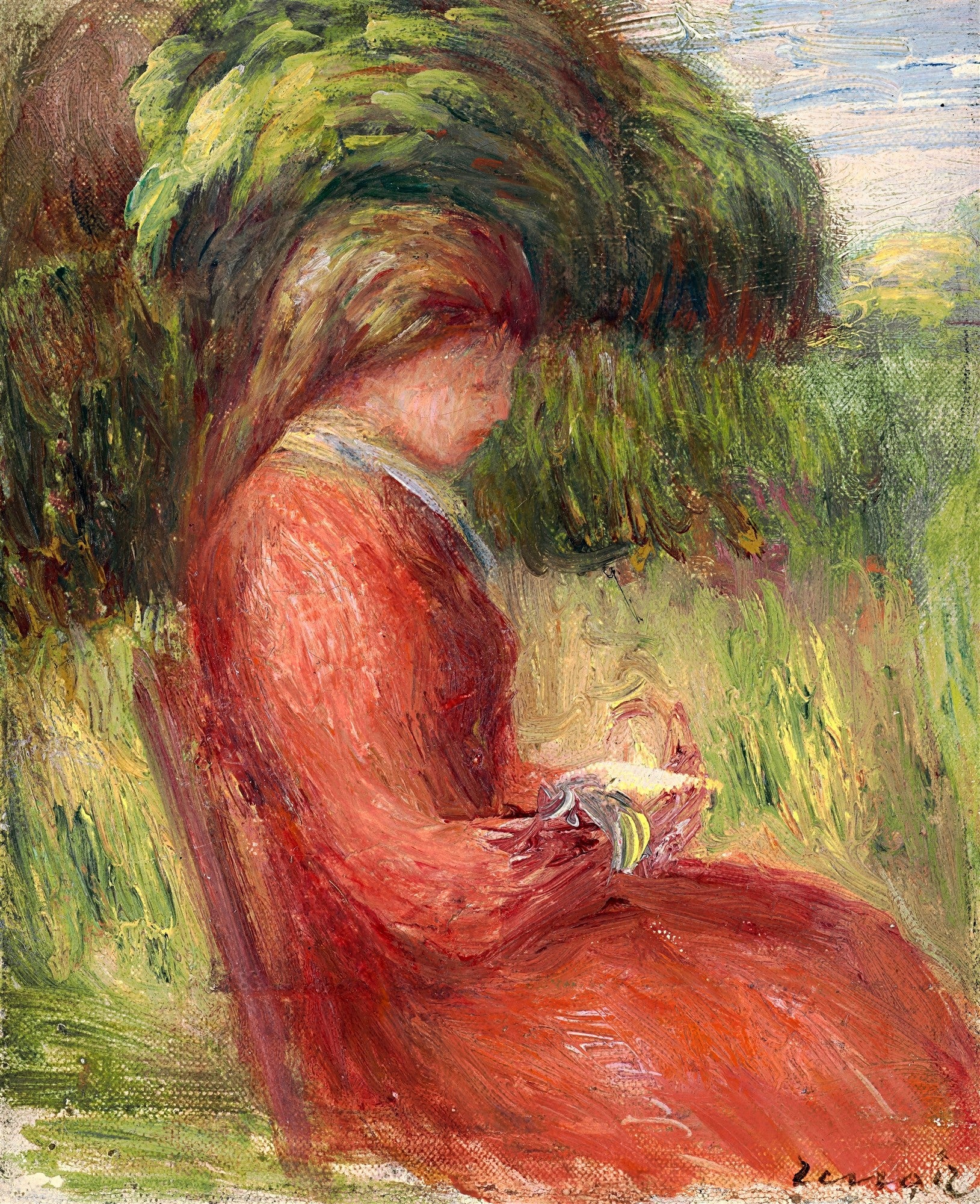 Quadro decorativo com pintura de Pierre-Auguste Renoir, 'A Leitura', retratando uma mulher sentada em um campo, lendo um livro. Predominam tons de vermelho, verde e ocre.