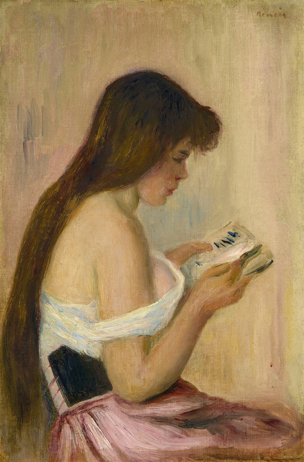 Quadro decorativo de uma jovem lendo, pintado por Pierre-Auguste Renoir, com cabelos longos e castanhos, vestindo uma blusa branca e saia rosa, em estilo impressionista.