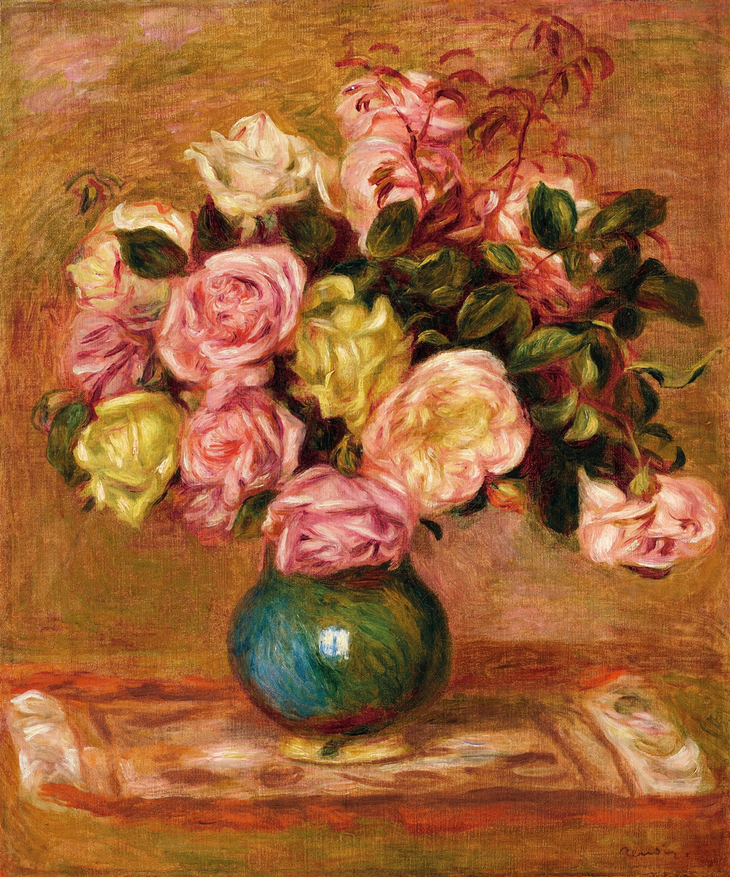 Quadro decorativo Rosas em Vaso, obra atribuída a Pierre-Auguste Renoir, mostrando um buquê de rosas em tons de rosa, amarelo e branco dentro de um vaso verde-azulado, sobre uma superfície marrom-alaranjada, com fundo em tons terrosos, com pinceladas soltas características do impressionismo.