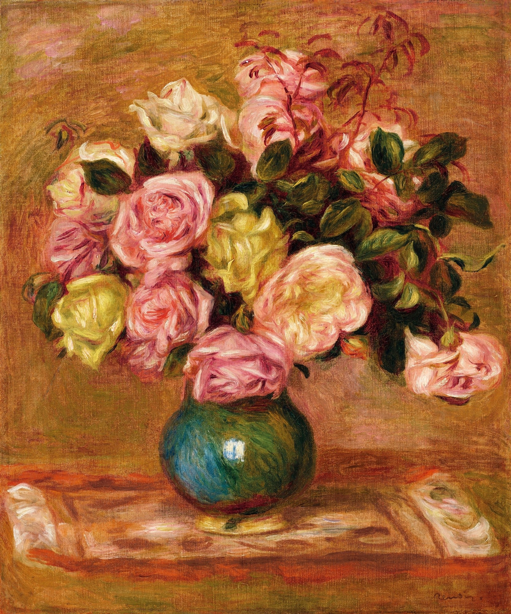 Quadro decorativo Rosas em Vaso, obra atribuída a Pierre-Auguste Renoir, mostrando um buquê de rosas em tons de rosa, amarelo e branco dentro de um vaso verde-azulado, sobre uma superfície marrom-alaranjada, com fundo em tons terrosos, com pinceladas soltas características do impressionismo.