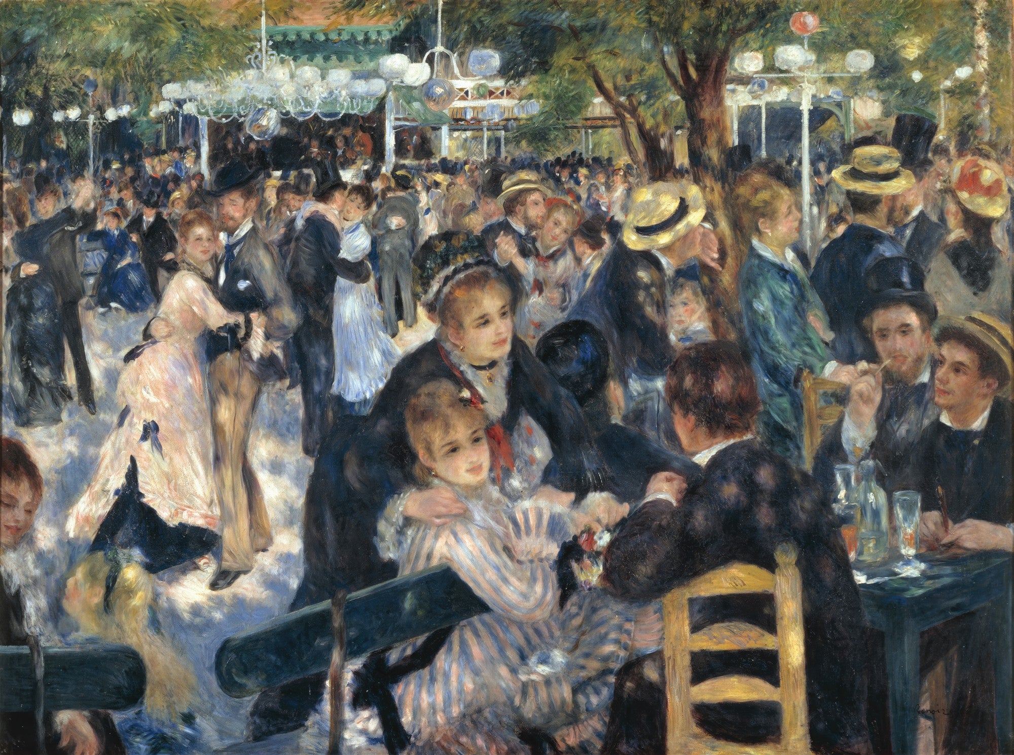 Quadro decorativo Bal du moulin de la Galette de Pierre-Auguste Renoir, mostrando uma cena de dança e convívio social em um jardim parisiense com muitas pessoas, luz e cores vibrantes.