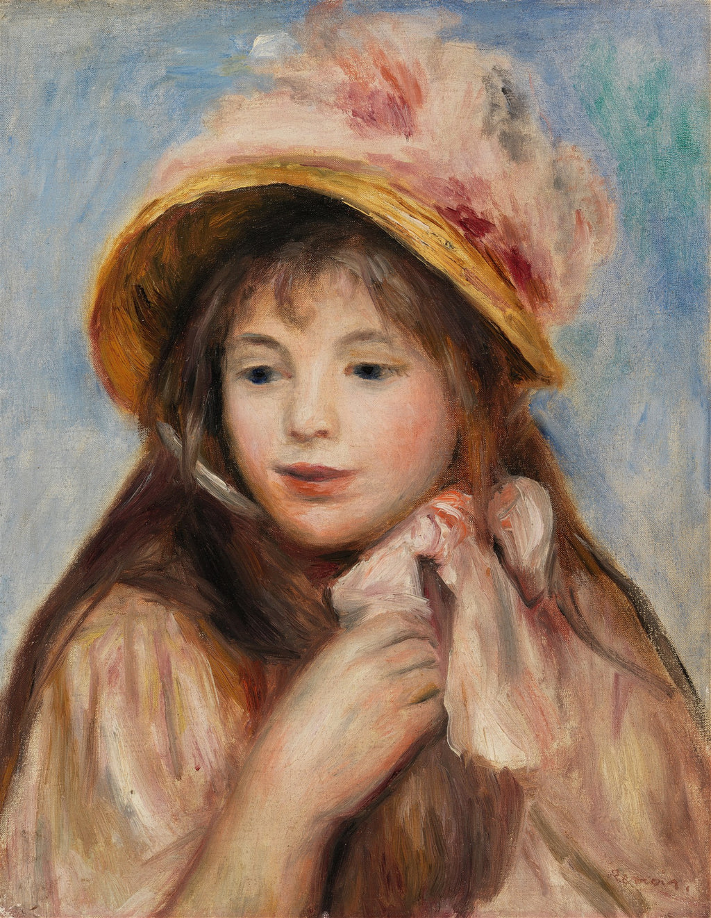 Retrato de uma jovem mulher de cabelos castanhos, vestindo um chapéu de palha com detalhes em rosa e branco, e uma blusa em tons claros. A pintura tem um fundo azul claro e pinceladas soltas.