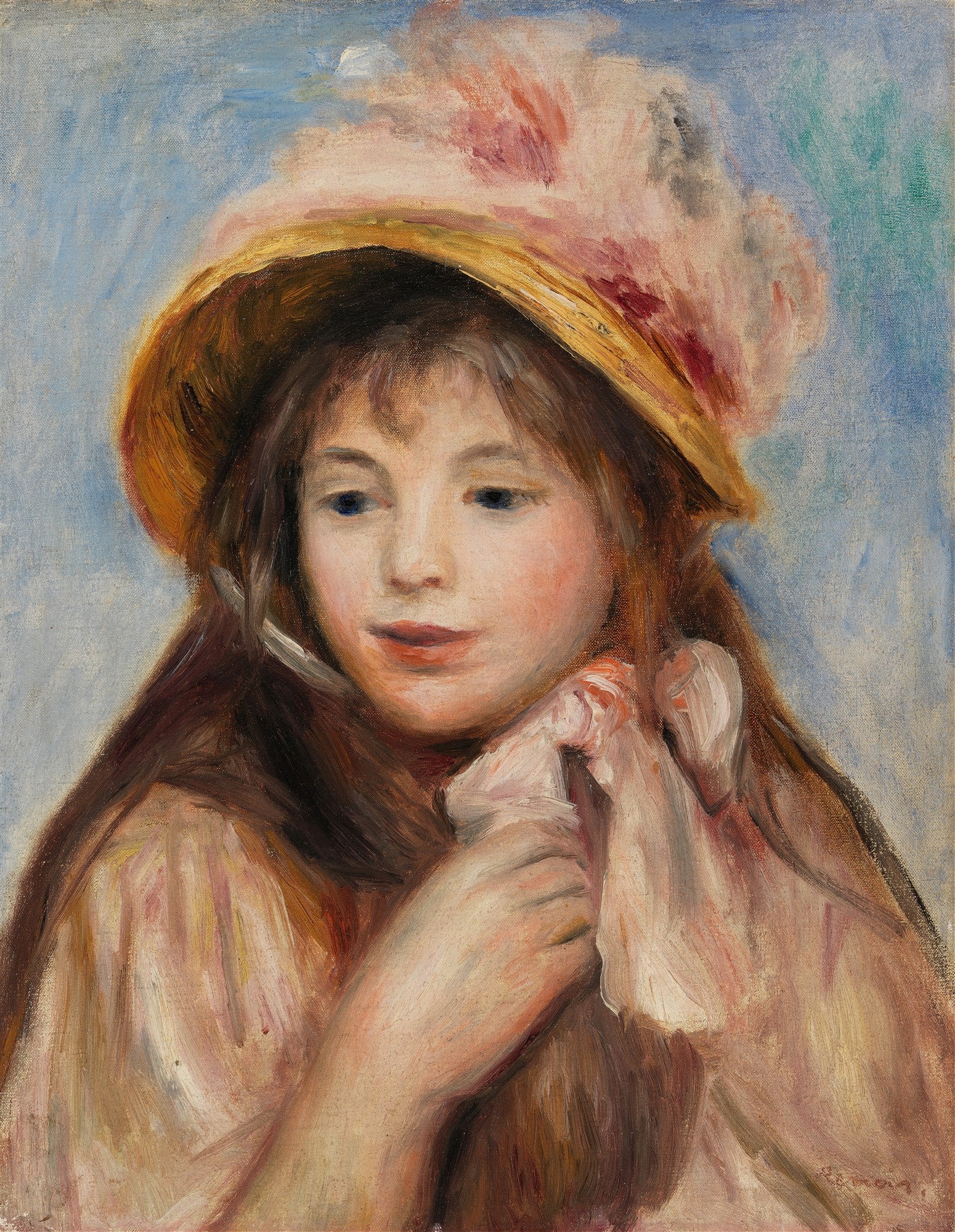Retrato de uma jovem mulher de cabelos castanhos, vestindo um chapéu de palha com detalhes em rosa e branco, e uma blusa em tons claros. A pintura tem um fundo azul claro e pinceladas soltas.