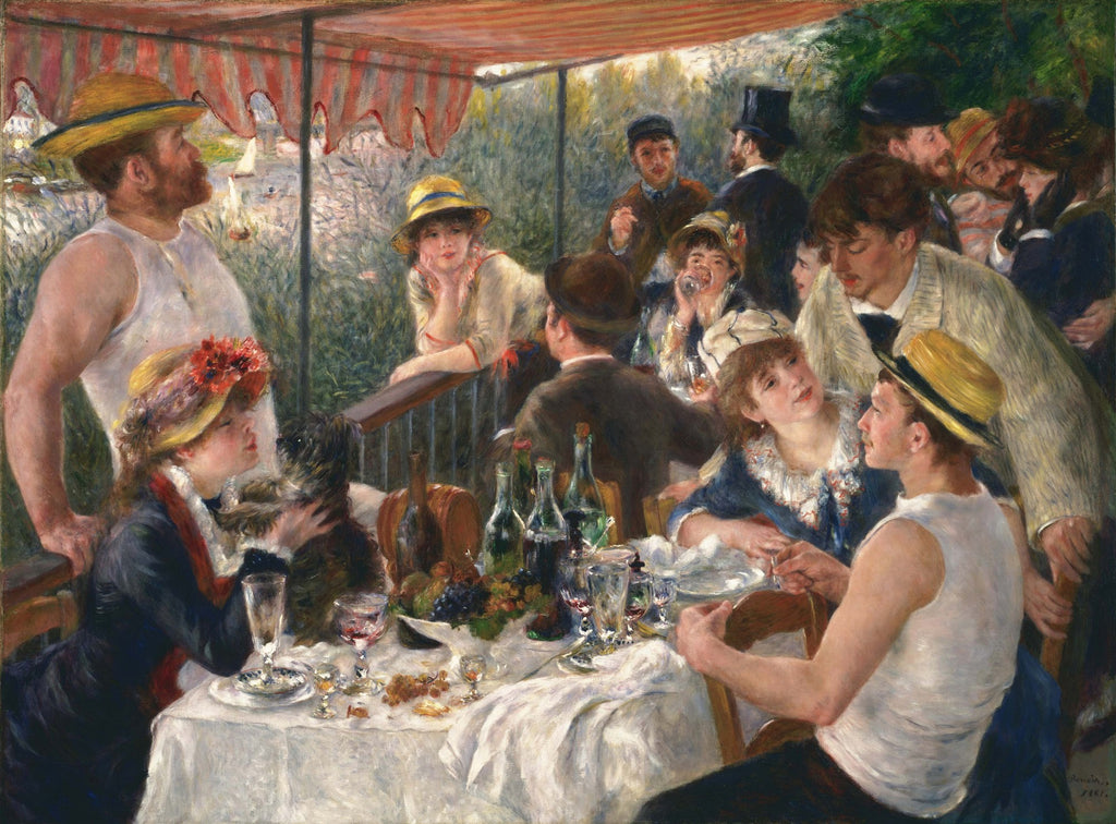 Quadro "O Almoço dos Barqueiros" de Pierre-Auguste Renoir, retratando um grupo de amigos almoçando e conversando em uma varanda à beira de um rio, com chapéus de palha e garrafas de vinho sobre a mesa.