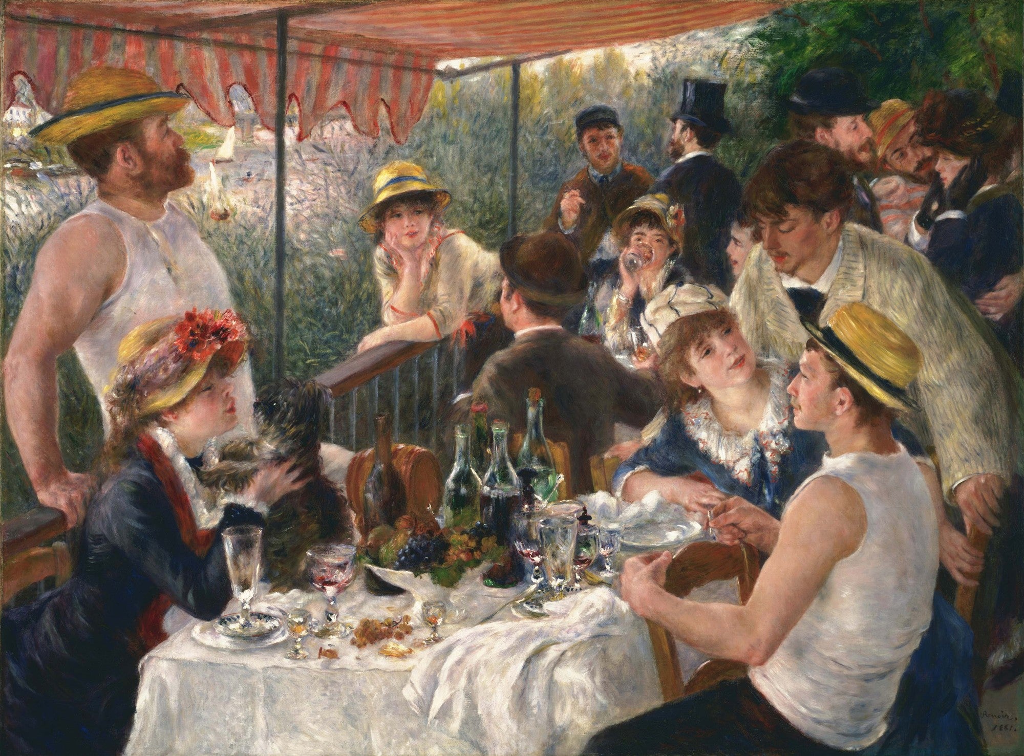 Quadro "O Almoço dos Barqueiros" de Pierre-Auguste Renoir, retratando um grupo de amigos almoçando e conversando em uma varanda à beira de um rio, com chapéus de palha e garrafas de vinho sobre a mesa.