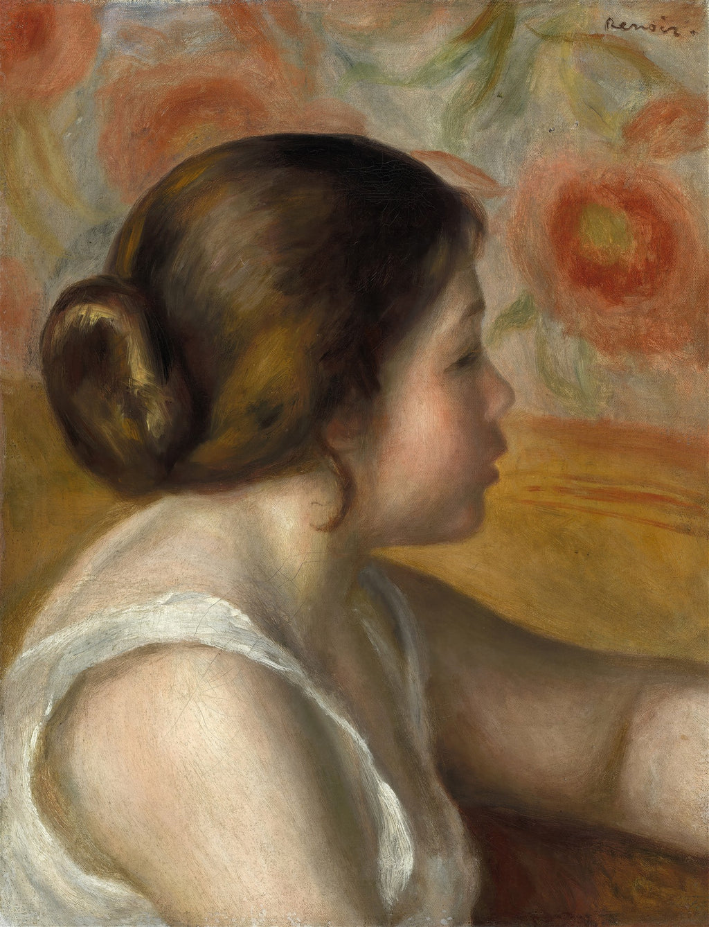 Quadro decorativo de uma jovem mulher de perfil, com coque no cabelo escuro, vestindo algo branco, e um fundo floral em tons de laranja, rosa e verde, no estilo impressionista de Renoir.