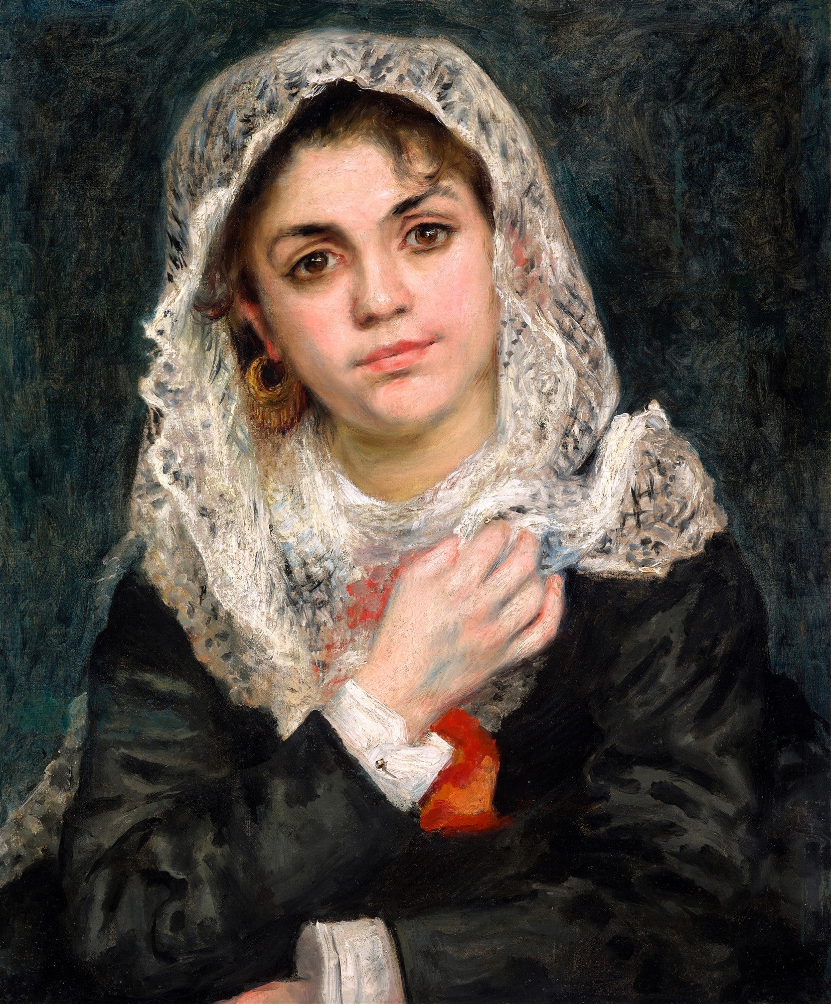 Retrato de uma mulher com véu de renda branca e brincos dourados, atribuído a Pierre-Auguste Renoir. Ela tem um olhar introspectivo e está vestida em tons escuros com um detalhe vermelho.