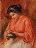 Mulher de vestido coral penteando o cabelo, em tons quentes e pinceladas soltas de Renoir