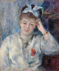 Quadro decorativo com retrato de uma mulher jovem, de autoria de Pierre-Auguste Renoir, com laço azul no cabelo, blusa branca e olhar pensativo. Cores suaves e pinceladas impressionistas.