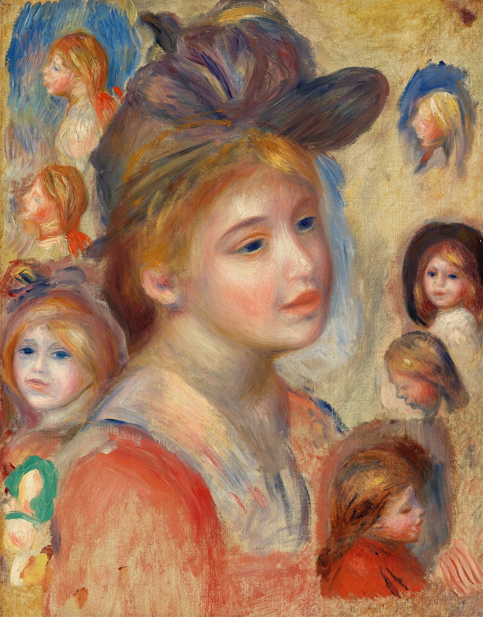 Quadro decorativo com a obra 'Estudos de Mulheres' de Pierre Auguste Renoir, apresentando uma figura feminina central com chapéu e outras cabeças esboçadas ao redor em tons quentes e pinceladas soltas.