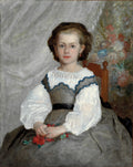 Quadro decorativo com retrato de uma menina de cabelos escuros e olhos azuis, sentada, usando vestido branco e cinza, segurando flores vermelhas. A assinatura 'A. Renoir' é visível no canto inferior direito.