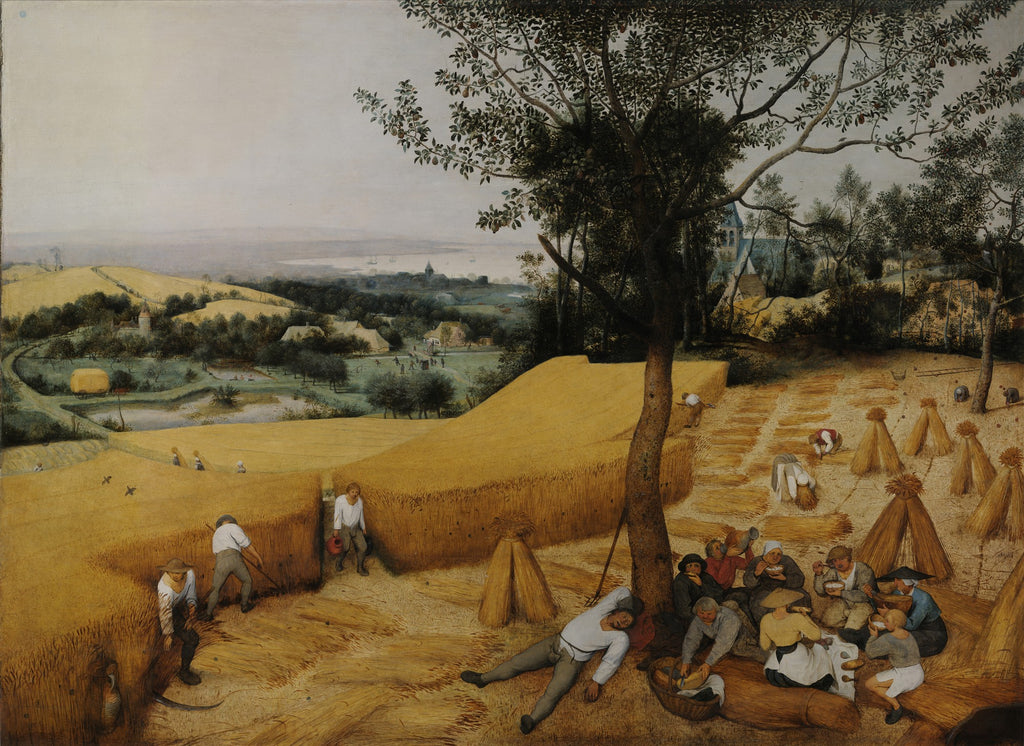 Quadro 'Os Ceifadores' de Pieter Bruegel, o Velho, mostrando uma paisagem rural com camponeses colhendo trigo e descansando sob uma árvore, com um vilarejo e o mar ao fundo