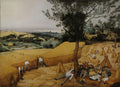 Quadro 'Os Ceifadores' de Pieter Bruegel, o Velho, mostrando uma paisagem rural com camponeses colhendo trigo e descansando sob uma árvore, com um vilarejo e o mar ao fundo