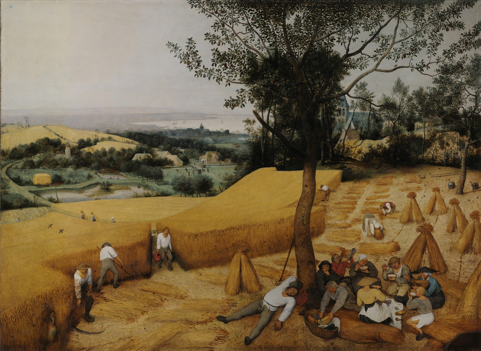 Quadro 'Os Ceifadores' de Pieter Bruegel, o Velho, mostrando uma paisagem rural com camponeses colhendo trigo e descansando sob uma árvore, com um vilarejo e o mar ao fundo
