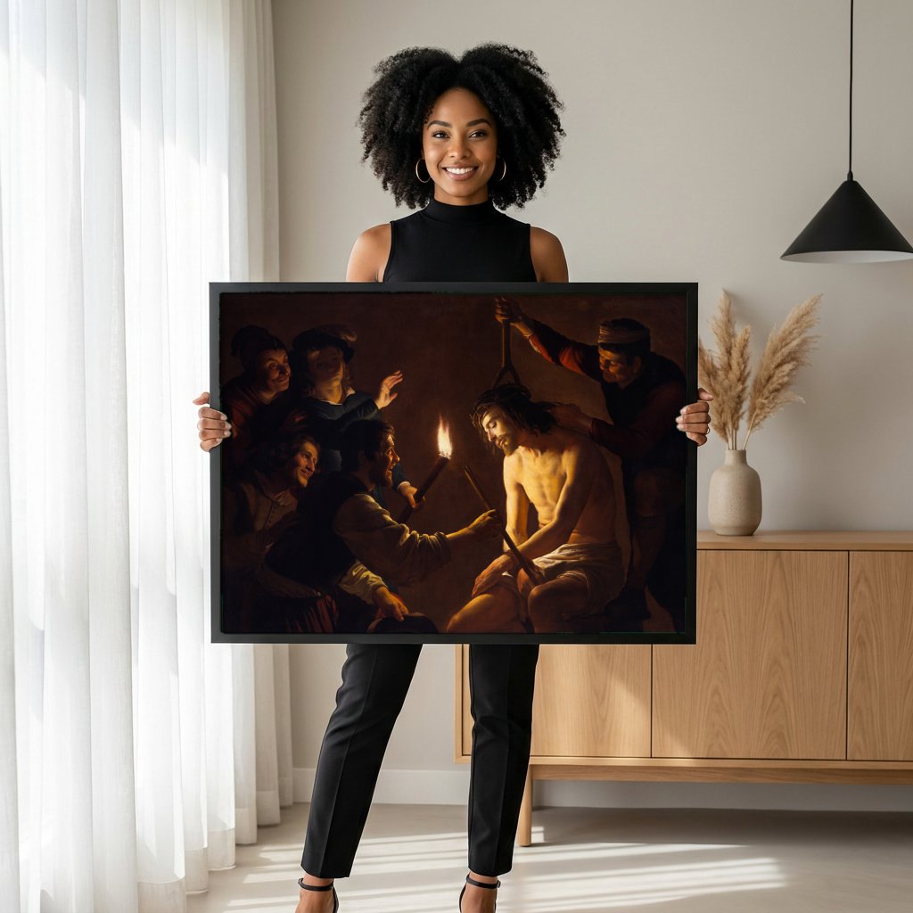 Quadro Decorativo Jesus Coroado de Espinhos - Gerard van Honthorst com modelo em ambiente