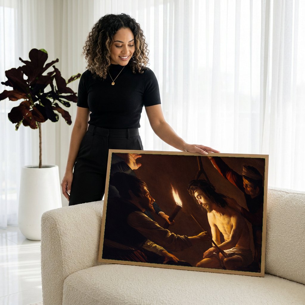 Quadro Decorativo Jesus Coroado de Espinhos - Gerard van Honthorst com modelo em ambiente