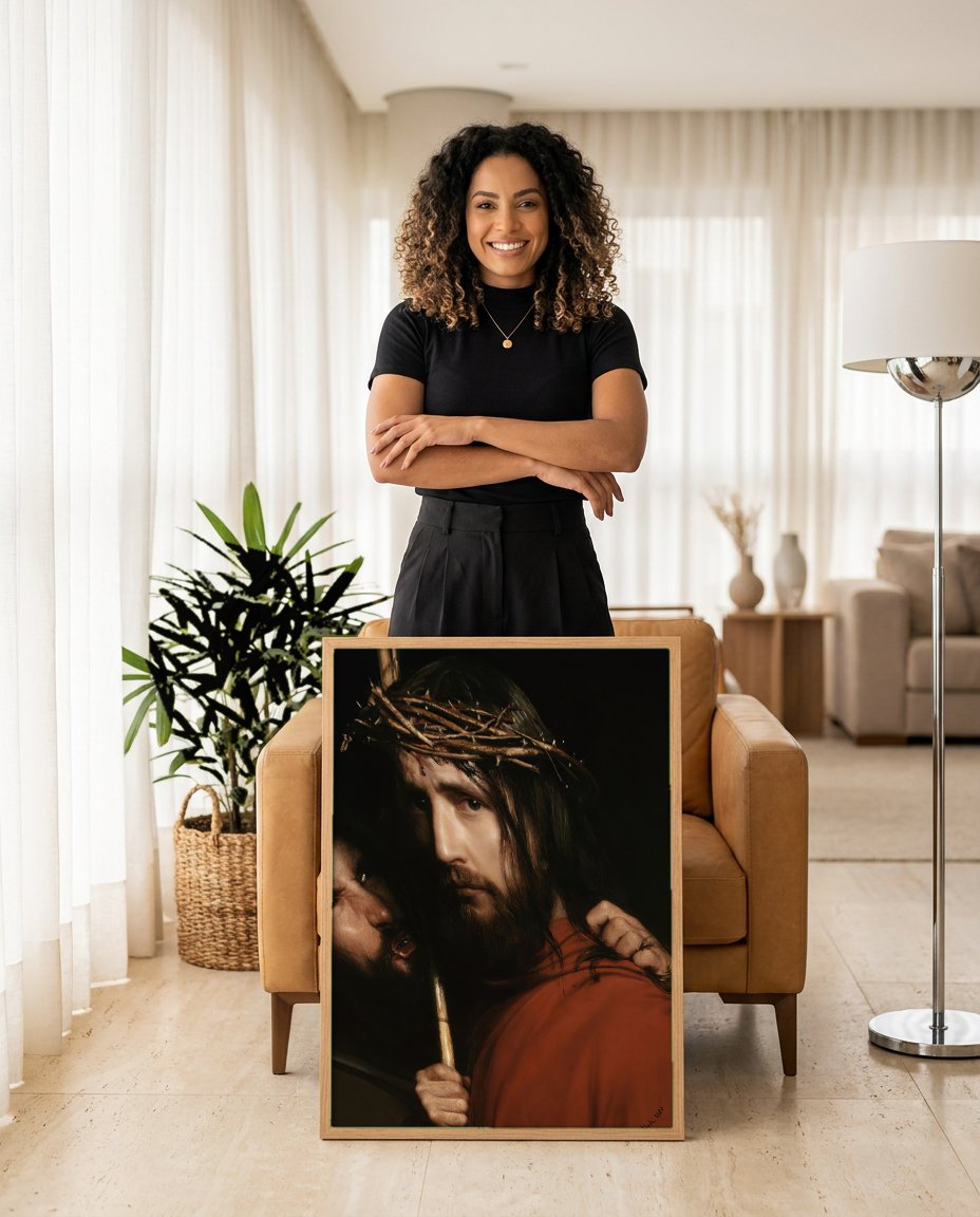 Quadro Decorativo Jesus Coroado de Espinhos - Carl Bloch com modelo em ambiente