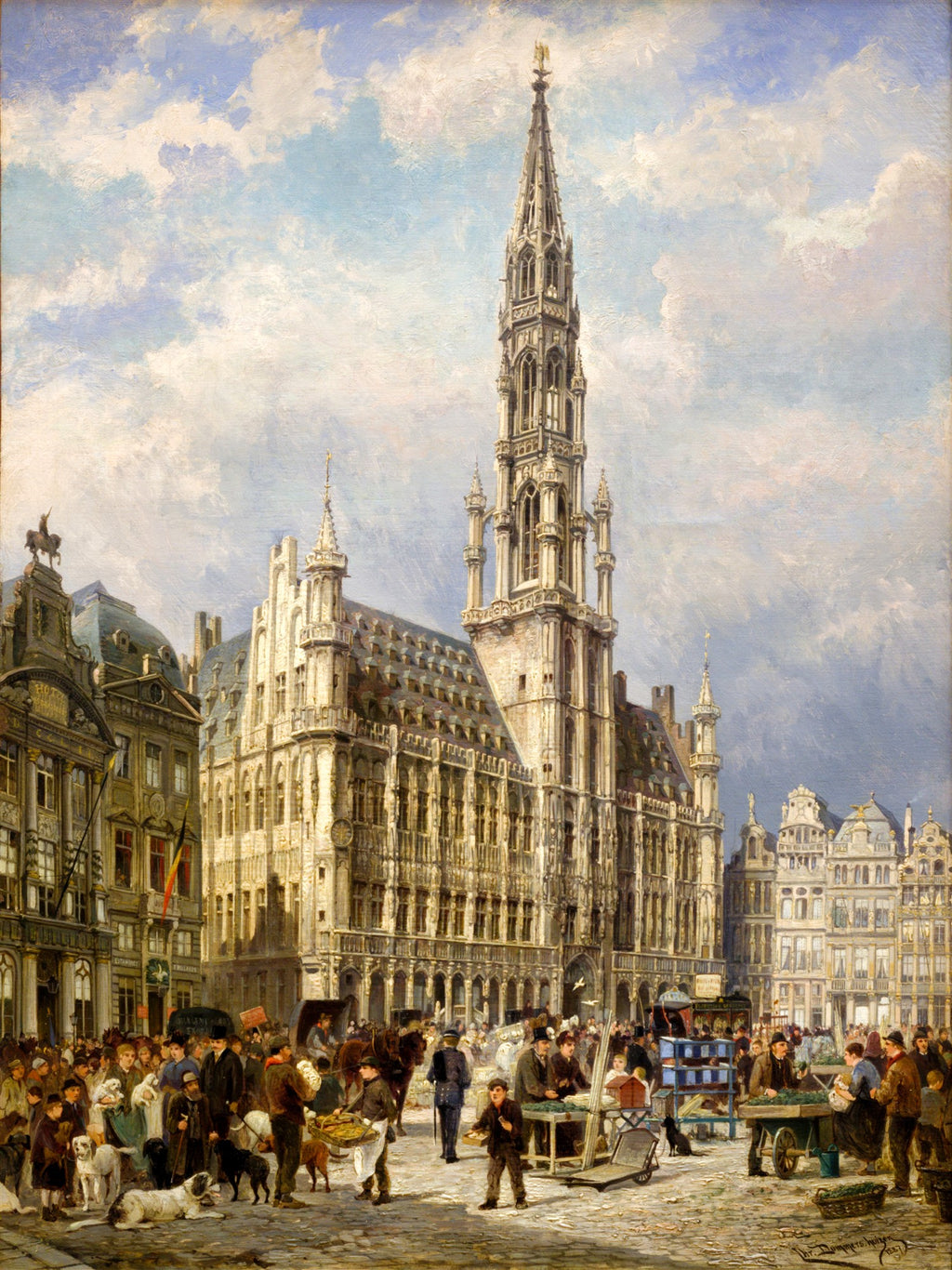 Pintura a óleo detalhada da Grand-Place, Bruxelas, com a prefeitura gótica imponente ao centro, uma praça movimentada com pessoas, barracas de mercado e cavalos, sob um céu azul claro com nuvens brancas. Estilo realista e detalhado.