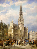 Pintura a óleo detalhada da Grand-Place, Bruxelas, com a prefeitura gótica imponente ao centro, uma praça movimentada com pessoas, barracas de mercado e cavalos, sob um céu azul claro com nuvens brancas. Estilo realista e detalhado.