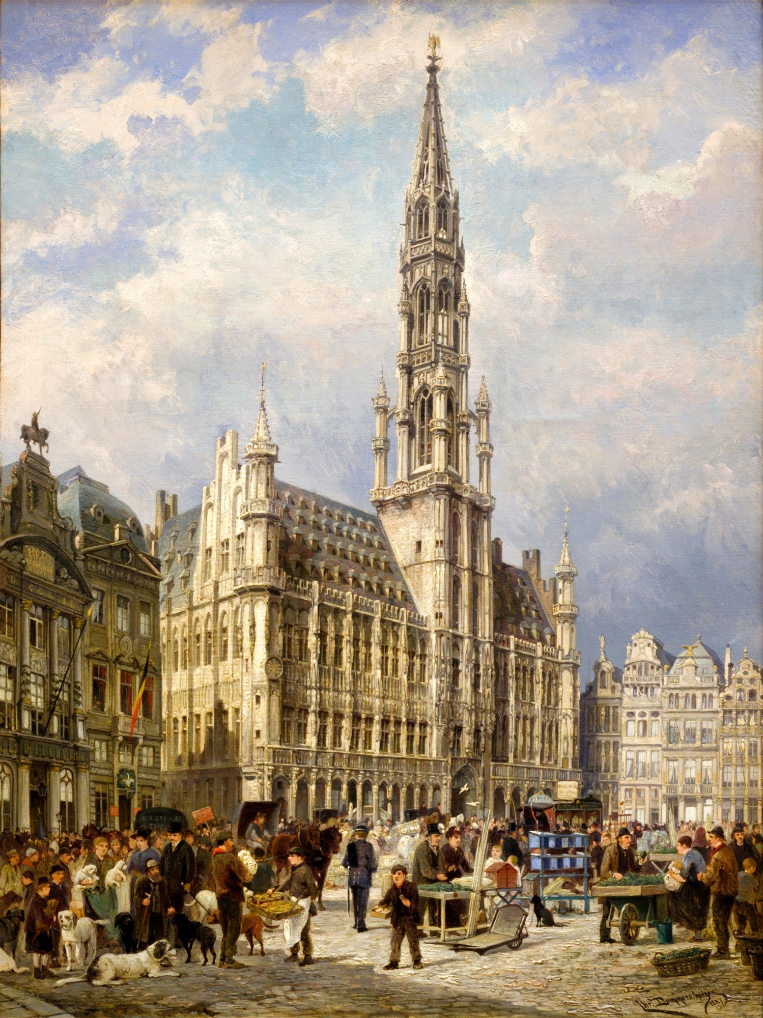Pintura a óleo detalhada da Grand-Place, Bruxelas, com a prefeitura gótica imponente ao centro, uma praça movimentada com pessoas, barracas de mercado e cavalos, sob um céu azul claro com nuvens brancas. Estilo realista e detalhado.